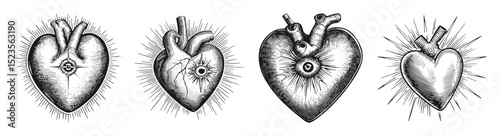 Vintage Anatomical Heart Illustrations with Radiant Details, vector illustration, engraving design, logo design set, black and white line