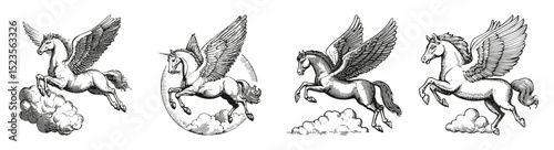 Vintage Illustrations of Mythical Winged Horses in Flight, vector illustration, engraving design, logo design set, black and white line