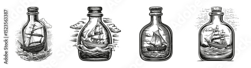 Vintage Bottles with Sailing Ships in Classic Black and White Design, vector illustration, engraving design, logo design set, black and white line