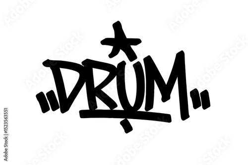Graffiti tag text "Drum" in bold black urban style with vibrant street vibes. Hand-drawn lettering with raw spray paint texture. Perfect for posters, merch, events, and edgy festival designs.
