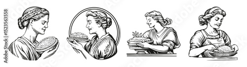 Elegant Illustrations of Women Holding Pies in Vintage Style, vector illustration, engraving design, logo design set, black and white line