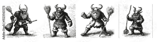 Four Vintage Illustrations of Horned Creatures with Tools, vector illustration, engraving design, logo design set, black and white line
