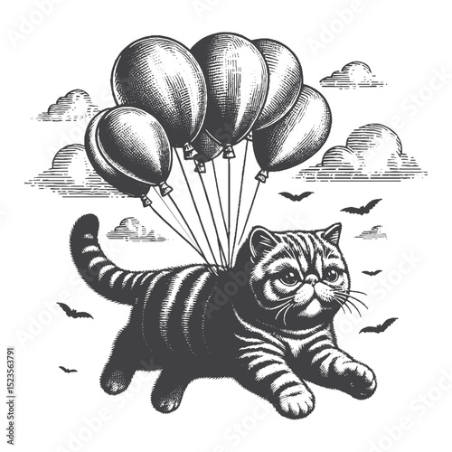 Vintage Hand-Drawn Exotic Shorthair Floating With Balloons Illustration – Whimsical Cat Engraved Style Vector for T-Shirts, Posters, Stickers, and Dreamy Feline Theme Apparel