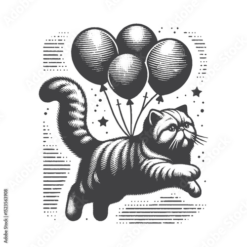Vintage Hand-Drawn Exotic Shorthair Floating With Balloons Illustration – Whimsical Cat Engraved Style Vector for T-Shirts, Posters, Stickers, and Dreamy Feline Theme Apparel