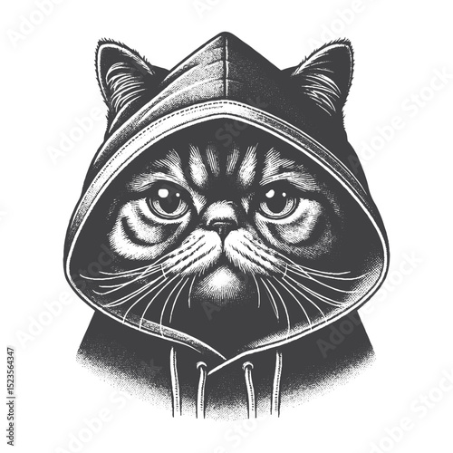 Vintage Hand-Drawn Exotic Shorthair In Hoodie Illustration – Stylish Cat Engraved Style Vector for T-Shirts, Posters, Stickers, and Casual Feline Theme Apparel
