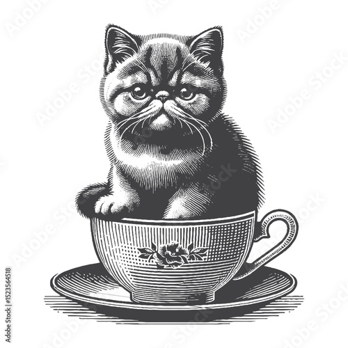 Vintage Hand-Drawn Exotic Shorthair Sitting In Teacup Illustration – Cute Cat Engraved Style Vector for T-Shirts, Posters, Stickers, and Whimsical Feline Theme Apparel