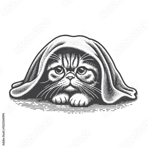 Vintage Hand-Drawn Exotic Shorthair In The Blanket Illustration – Cozy Cat Engraved Style Vector for T-Shirts, Posters, Stickers, and Warm Feline Theme Apparel