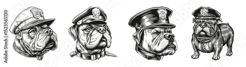 Detailed Sketches of Bulldog Characters in Police Uniforms, vector illustration, engraving design, logo design set, black and white line