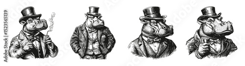 Elegant Hippo Characters in Formal Attire with Smoke and Drinks, vector illustration, engraving design, logo design set, black and white line