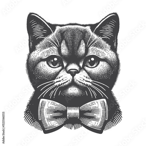 Vintage Hand-Drawn Exotic Shorthair With Bow Tie Illustration – Stylish Cat Engraved Style Vector for T-Shirts, Posters, Stickers, and Elegant Feline Theme Apparel