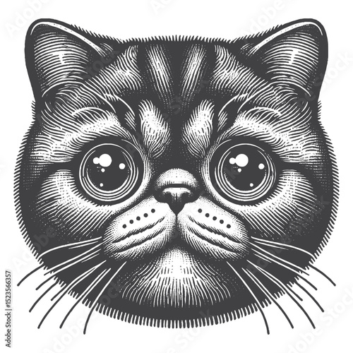 Vintage Hand-Drawn Exotic Shorthair With Big Sparkling Eyes Illustration – Expressive Cat Engraved Style Vector for T-Shirts, Posters, Stickers, and Bright Feline Theme Apparel