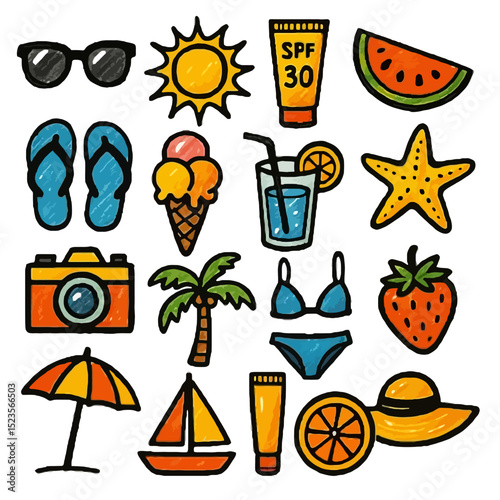 Summer vacation themed doodles with sun, beach, and accessories  