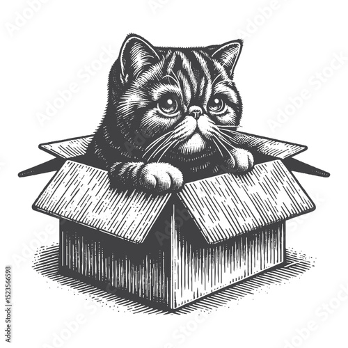 Vintage Hand-Drawn Exotic Shorthair Peeking From Box Illustration – Curious Cat Engraved Style Vector for T-Shirts, Posters, Stickers, and Playful Feline Theme Apparel