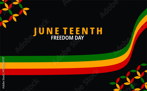 Juneteenth "Freedom Day" graphic. Bold text on black, with dynamic red, yellow, green wavy ribbons and subtle geometric accents. Ideal for celebration.