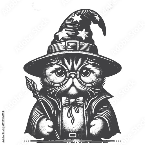 Vintage Hand-Drawn Exotic Shorthair Dressed Like A Wizard Illustration – Magical Cat Engraved Style Vector for T-Shirts, Posters, Stickers, and Fantasy Theme Apparel