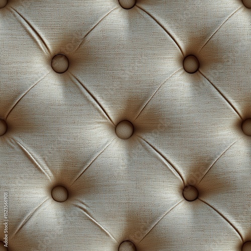 Seamless pattern of luxurious beige tufted fabric upholstery with classic diamond quilting and matching buttons. Ideal for elegant interior design backgrounds.