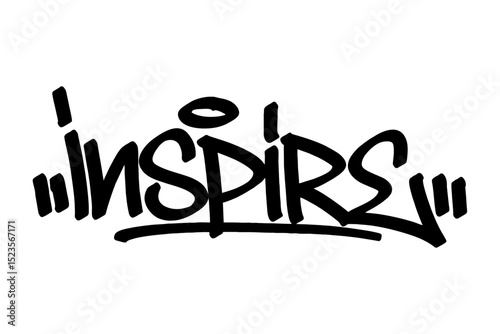 Graffiti tag text "Inspire" in bold black urban style with festive street vibes. Hand-drawn lettering with raw spray paint texture. Perfect for posters, merch, events, and edgy festival designs.
