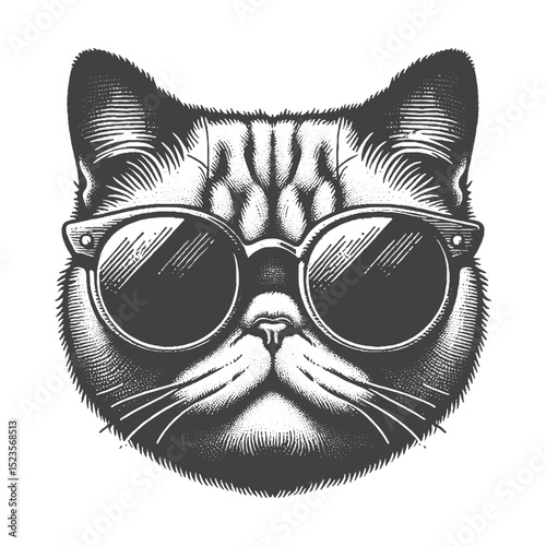 Vintage Hand-Drawn Exotic Shorthair Head With Sunglasses Illustration – Cool Cat Engraved Style Vector for T-Shirts, Posters, Stickers, and Stylish Feline Theme Apparel