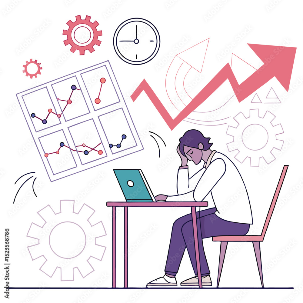 Workplace stress overwhelmed employee with charts and gears Workplace stress overwhelmed employee with charts and gears