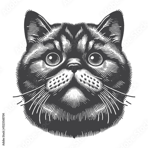 Vintage Hand-Drawn Exotic Shorthair Head With Curious Look Illustration – Inquisitive Cat Engraved Style Vector for T-Shirts, Posters, Stickers, and Feline Expression Theme Apparel