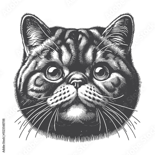 Vintage Hand-Drawn Exotic Shorthair Head With Curious Look Illustration – Inquisitive Cat Engraved Style Vector for T-Shirts, Posters, Stickers, and Feline Expression Theme Apparel