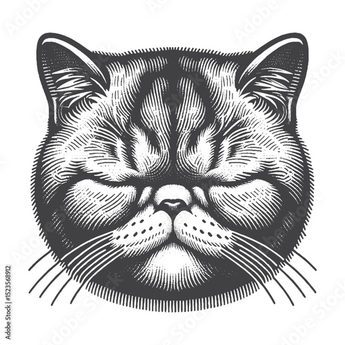 Vintage Hand-Drawn Exotic Shorthair Head Portrait With Sleepy Eye Illustration – Relaxed Cat Engraved Style Vector for T-Shirts, Posters, Stickers, and Cozy Feline Theme Apparel