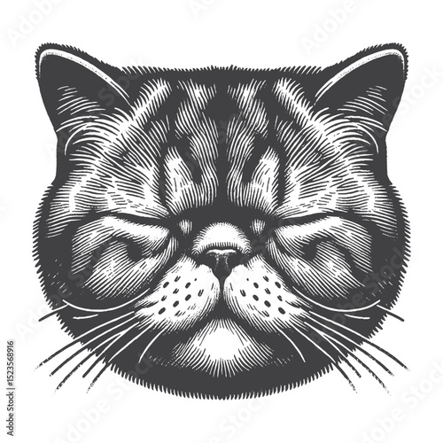 Vintage Hand-Drawn Exotic Shorthair Head Portrait With Sleepy Eye Illustration – Relaxed Cat Engraved Style Vector for T-Shirts, Posters, Stickers, and Cozy Feline Theme Apparel