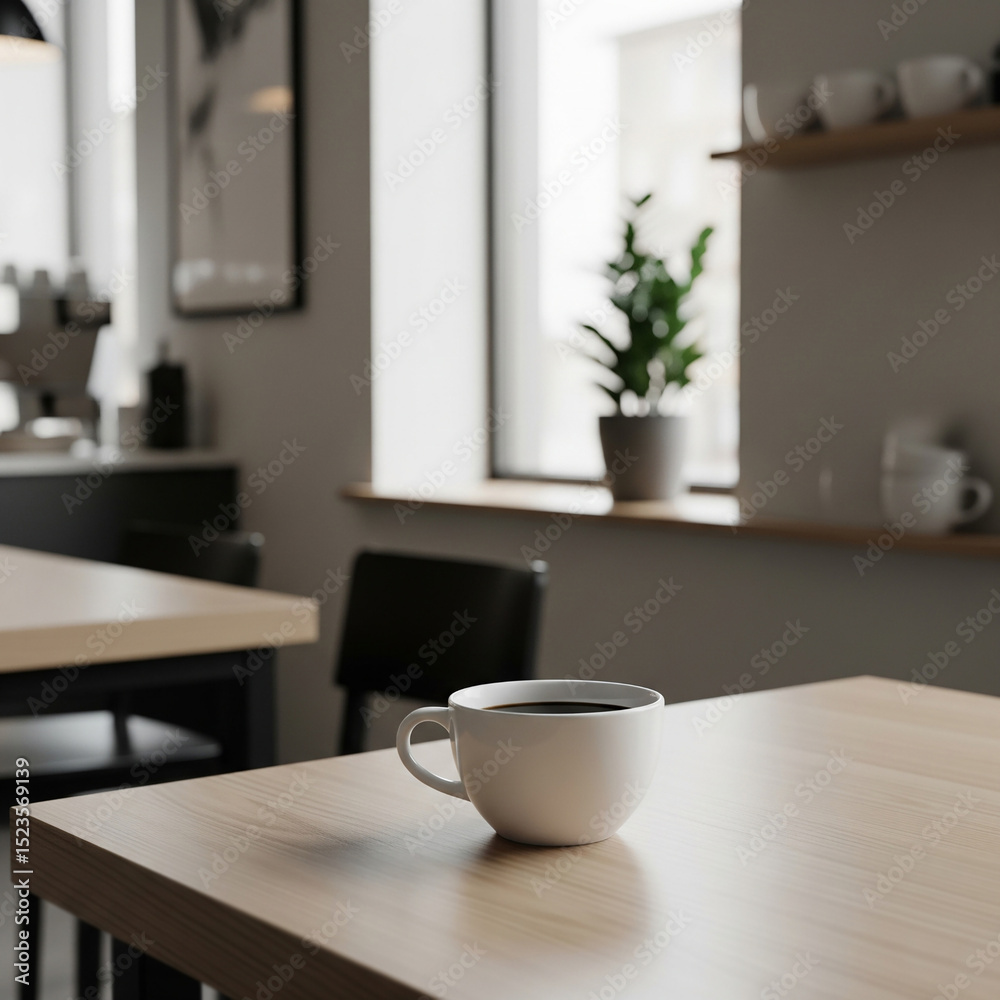 Fototapeta premium Coffee cup with latte art on wooden table in coffee shop. Created using generative AI tools