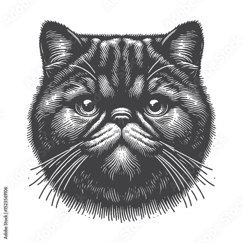 Vintage Hand-Drawn Exotic Shorthair Head Portrait Illustration – Charming Cat Engraved Style Vector for T-Shirts, Posters, Stickers, and Feline Portrait Theme Apparel