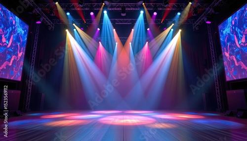 Wallpaper Mural vibrant concert stage lighting with spotlights on an empty stage, 4k clarity. Torontodigital.ca