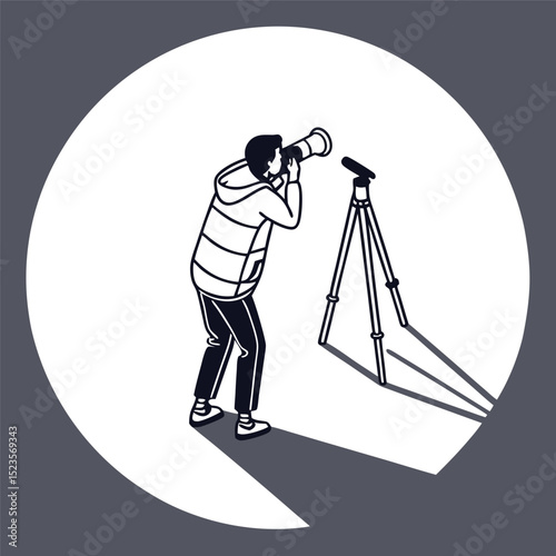 Photographer with camera on tripod minimalist black and white illustration