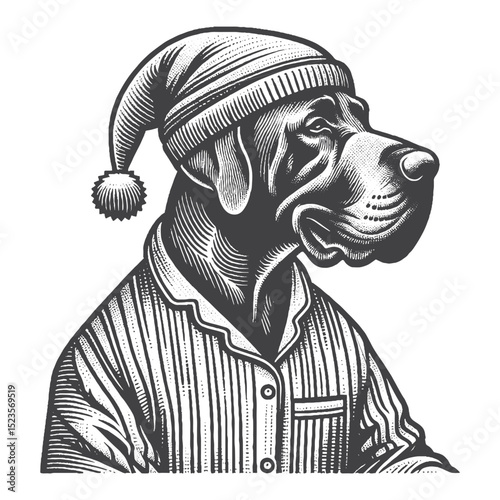 Vintage Hand-Drawn Great Dane Wearing Pajamas and Nightcap Illustration – Sleepy Dog Engraved Style Vector for T-Shirts, Posters, Stickers, and Bedtime Theme Apparel