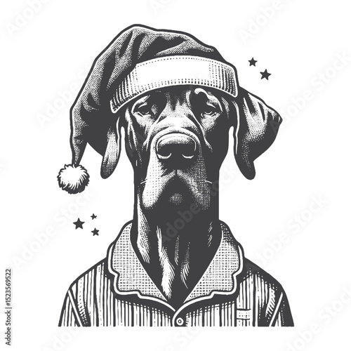 Vintage Hand-Drawn Great Dane Wearing Pajamas and Nightcap Illustration – Sleepy Dog Engraved Style Vector for T-Shirts, Posters, Stickers, and Bedtime Theme Apparel