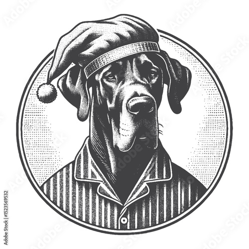 Vintage Hand-Drawn Great Dane Wearing Pajamas and Nightcap Illustration – Sleepy Dog Engraved Style Vector for T-Shirts, Posters, Stickers, and Bedtime Theme Apparel