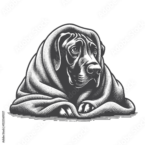 Vintage Hand-Drawn Great Dane Hiding in Blanket Illustration – Cozy Dog Engraved Style Vector for T-Shirts, Posters, Stickers, and Comfort Theme Apparel
