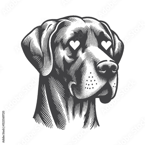 Vintage Hand-Drawn Great Dane Head With Heart Eyes Illustration – Loving Dog Engraved Style Vector for T-Shirts, Posters, Stickers, and Affectionate Pet Theme Apparel