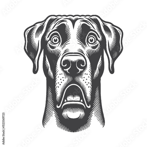 Vintage Hand-Drawn Great Dane Shocked Face Illustration – Expressive Dog Engraved Style Vector for T-Shirts, Posters, Stickers, and Emotional Pet Theme Apparel