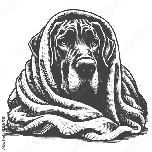 Vintage Hand-Drawn Great Dane Hiding in Blanket Illustration – Cozy Dog Engraved Style Vector for T-Shirts, Posters, Stickers, and Comfort Theme Apparel