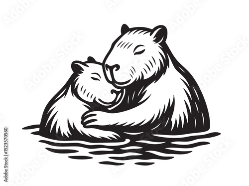 Cute black and white vector of two capybaras hugging in water, showing love and warmth. Perfect for nature, wildlife, or animal affection-themed designs.
