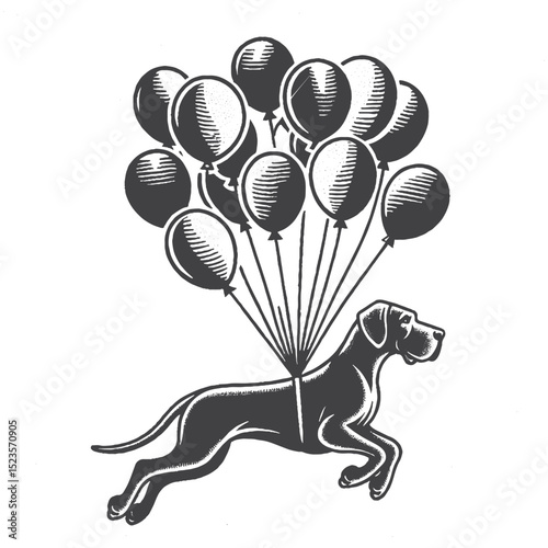 Vintage Hand-Drawn Great Dane Floating With Balloons Illustration – Whimsical Dog Engraved Style Vector for T-Shirts, Posters, Stickers, and Playful Adventure Theme Apparel