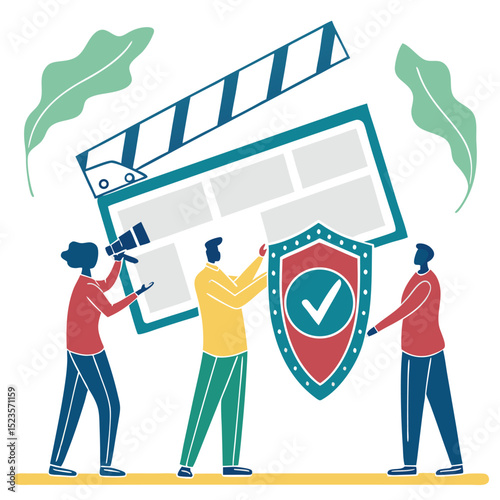 Teamwork film production safety security media collaboration vector illustration