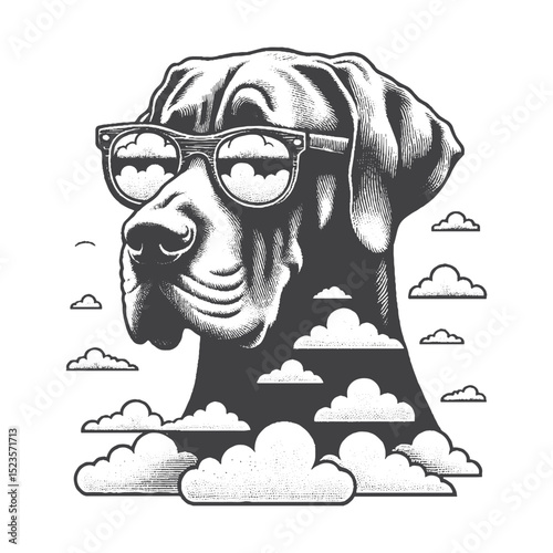Vintage Hand-Drawn Great Dane With Cloud Sunglasses Illustration – Cool Dog Engraved Style Vector for T-Shirts, Posters, Stickers, and Sky Vibe Theme Apparel