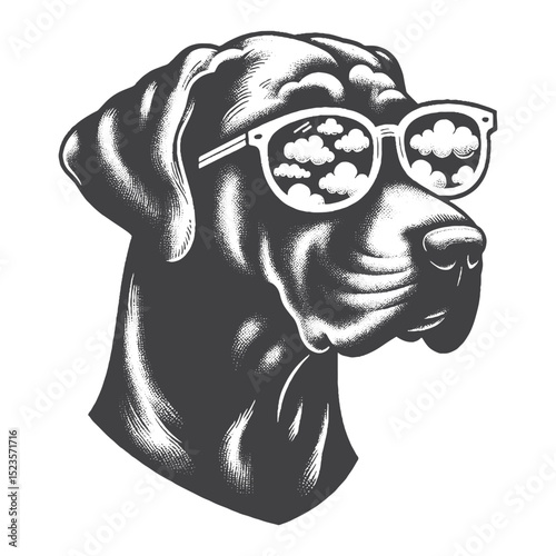 Vintage Hand-Drawn Great Dane With Cloud Sunglasses Illustration – Cool Dog Engraved Style Vector for T-Shirts, Posters, Stickers, and Sky Vibe Theme Apparel