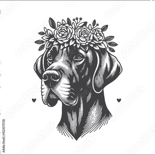Vintage Hand-Drawn Great Dane With Flower Crown Illustration – Floral Dog Engraved Style Vector for T-Shirts, Posters, Stickers, and Boho Pet Theme Apparel