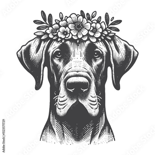 Vintage Hand-Drawn Great Dane With Flower Crown Illustration – Floral Dog Engraved Style Vector for T-Shirts, Posters, Stickers, and Boho Pet Theme Apparel