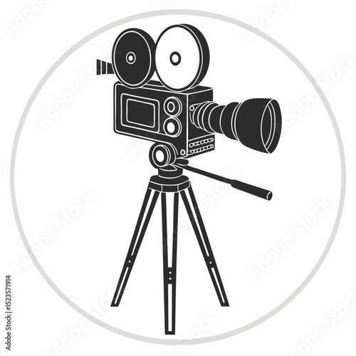 Vintage movie camera on tripod retro film cinema icon line art
