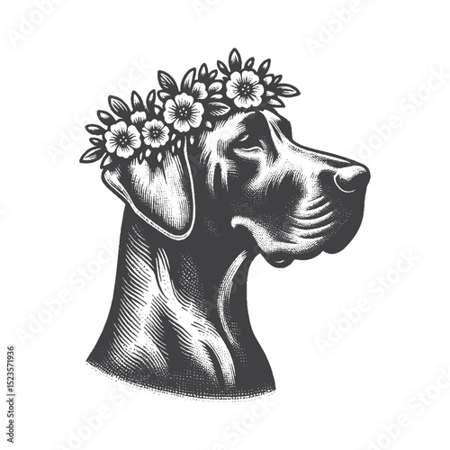 Vintage Hand-Drawn Great Dane With Flower Crown Illustration – Floral Dog Engraved Style Vector for T-Shirts, Posters, Stickers, and Boho Pet Theme Apparel