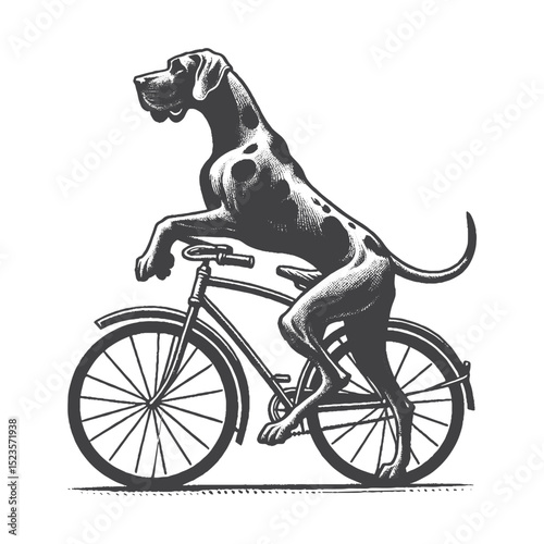 Vintage Hand-Drawn Great Dane Riding Bicycle Illustration – Whimsical Dog Engraved Style Vector for T-Shirts, Posters, Stickers, and Fun Commute Theme Apparel
