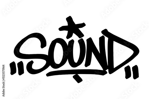 Graffiti tag text "Sound" in bold black urban style with festive street vibes. Hand-drawn lettering with raw spray paint texture. Ideal for posters, merch, events, and edgy festival designs.
