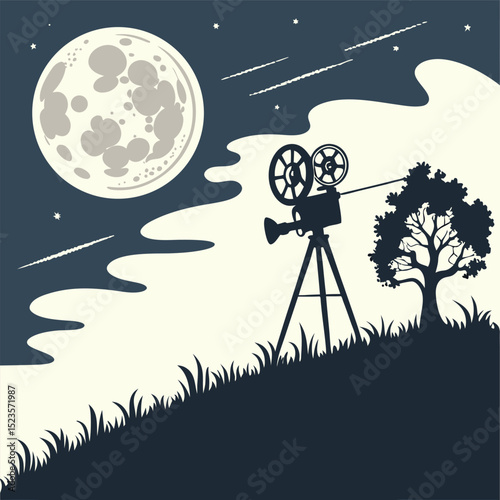 Vintage movie projector silhouette night landscape